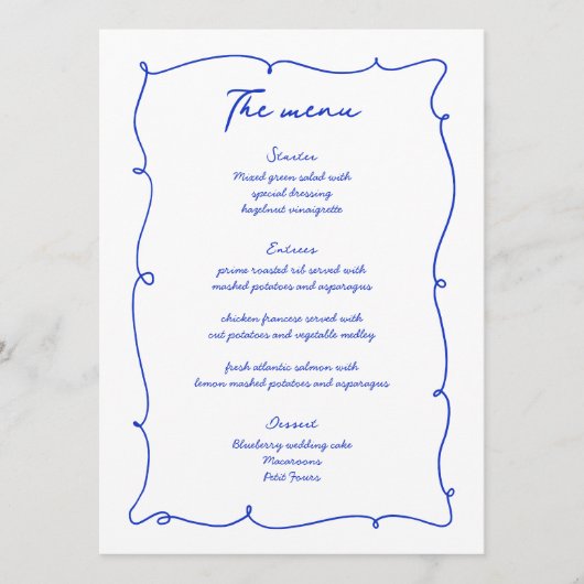 Blauwe Hand Getrokken Golvende Rand & Script Bruil Menu (Voorkant)
