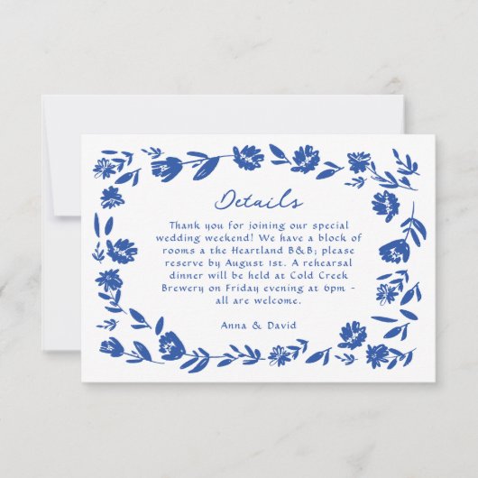 Blauwe Hand getrokken grillige bloem bruiloft deta RSVP Kaartje (Voorkant)