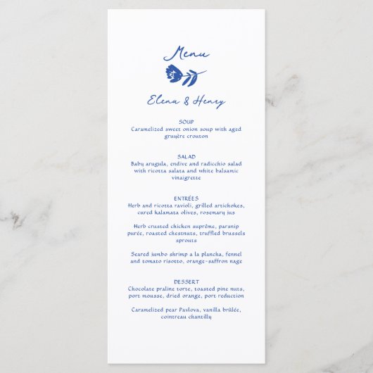 Blauwe Hand getrokken grillige bloem bruiloft Menu (Voorkant)