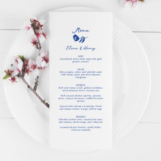 Blauwe Hand getrokken grillige bloem bruiloft Menu