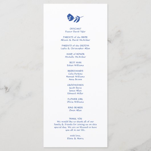 Blauwe Hand getrokken grillige bloem bruiloft prog Menu (Achterkant)