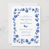 Blauwe Hand getrokken grillige bloem grens bruilof Kaart (Voorkant)