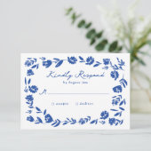 Blauwe Hand getrokken grillige bloem grens bruilof RSVP Kaartje (Staand voorkant)