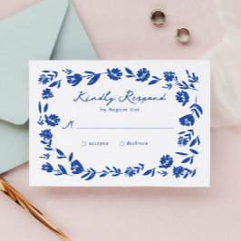 Blauwe Hand getrokken grillige bloem grens bruilof RSVP Kaartje