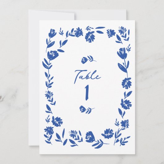 Blauwe Hand getrokken grillige bloem tafel nummers Kaart (Voorkant)
