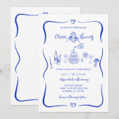 Blauwe hand getrokken grillige bruiloft uitnodigin kaart (Voorkant / Achterkant)