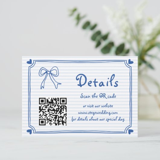 Blauwe Hand getrokken krabbel strepen bruiloft Enc Informatiekaartje (Staand voorkant)