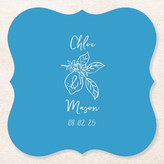 Blauwe Hand Getrokken Lemon Wedding Kartonnen Onderzetters (Voorkant)