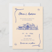 Blauwe Hand Getrokken Sketch Locatie Trouwen Kaart (Voorkant)