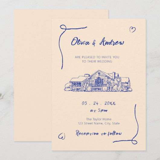 Blauwe Hand Getrokken Sketch Locatie Trouwen Kaart (Voorkant / Achterkant)