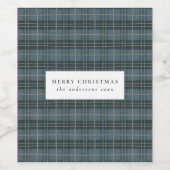 Blauwe hand Getrokken Tartan Plaid Kerstmis Wijn Etiket (Enkel label)