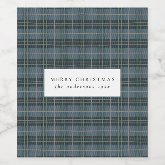 Blauwe hand Getrokken Tartan Plaid Kerstmis Wijn Etiket (Enkel label)