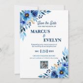 Blauwe Hand getrokken Waterverf bruiloft uitnodigi Kaart (Voorkant)