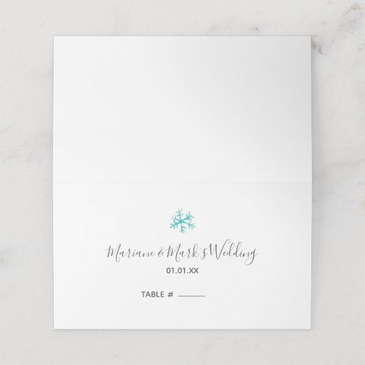 Blauwe hand met waterkleurige kerstsnowflakes plaatskaartje (Buitenkant ongevouwen)