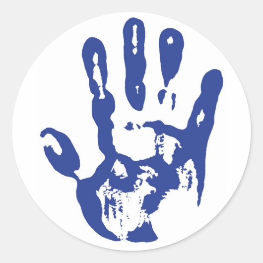 Blauwe hand ronde sticker (Voorkant)