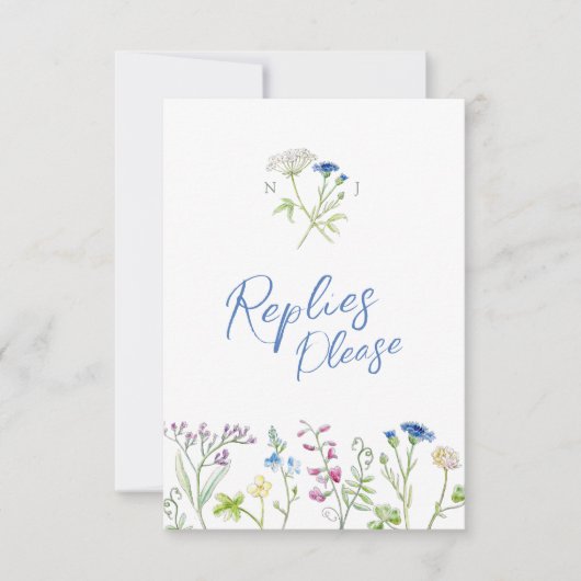 Blauwe hand wildflower waterverf RSVP bruiloft (Voorkant)