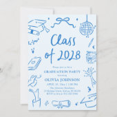 Blauwe Handgetekende Afstudeerfeest Klas van 2028 Kaart (Voorkant)