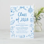Blauwe Handgetekende Afstudeerfeest Klas van 2028 Kaart (Staand voorkant)
