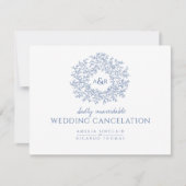 Blauwe handgetekende bladmonogram trouwannulering aankondiging (Voorkant)