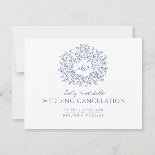 Blauwe handgetekende bladmonogram trouwannulering aankondiging (Voorkant)