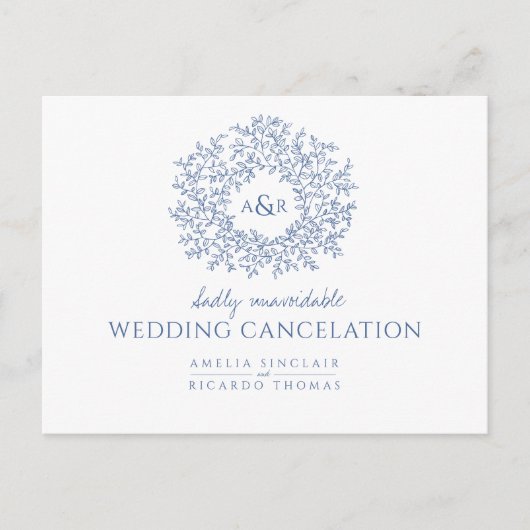 Blauwe handgetekende bladmonogram trouwannulering aankondigingskaart (Voorkant)