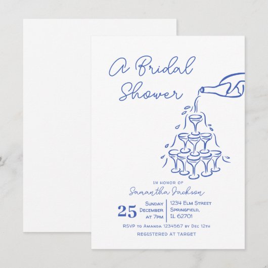 Blauwe handgetekende champagnetoren Vrijgezellenfe Kaart (Voorkant / Achterkant)