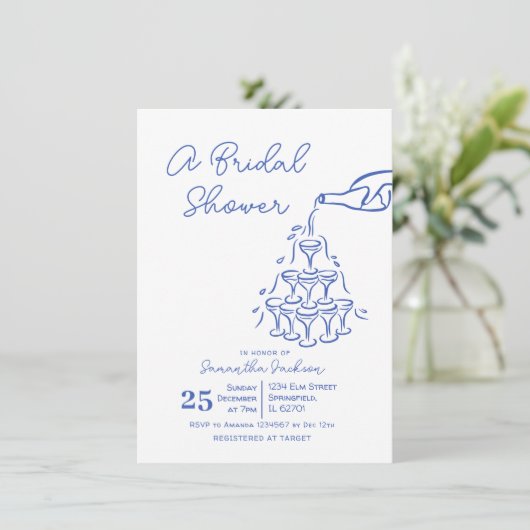 Blauwe handgetekende champagnetoren Vrijgezellenfe Kaart (Staand voorkant)