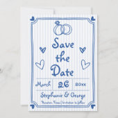 Blauwe handgetekende krabbel doodle grillige foto save the date (Voorkant)