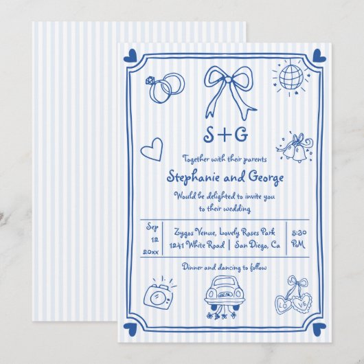 Blauwe handgetekende krabbel doodle, strepen bruil kaart (Voorkant / Achterkant)