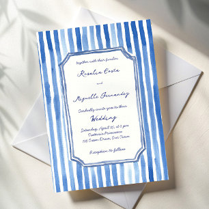 Blauwe handgetekende vintage strepen bruiloft kaart