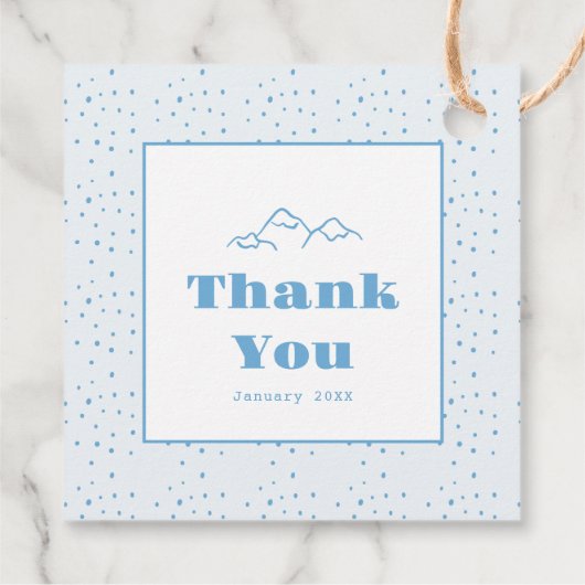 Blauwe handgetekende winteraprès ski bachelorette bedankjes labels (Achterkant)