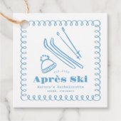 Blauwe handgetekende winteraprès ski bachelorette bedankjes labels (Voorkant)