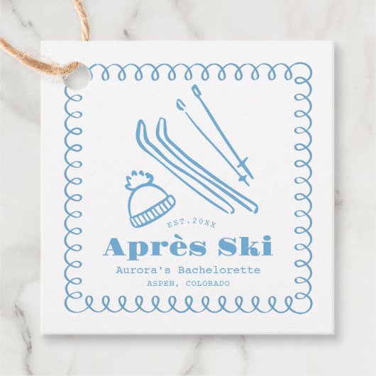 Blauwe handgetekende winteraprès ski bachelorette bedankjes labels (Voorkant)
