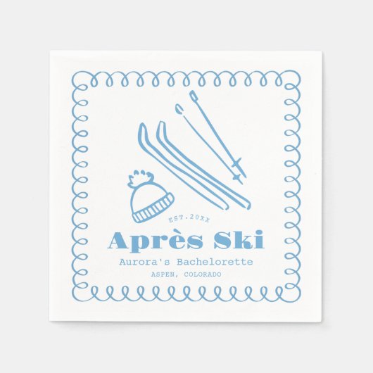 Blauwe handgetekende winteraprès ski bachelorette servet (Voorkant)