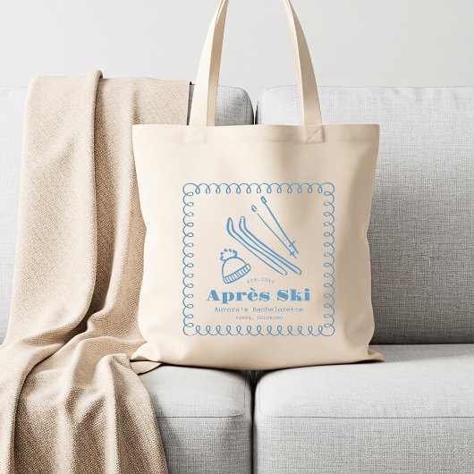 Blauwe handgetekende winteraprès ski bachelorette tote bag