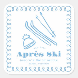 Blauwe handgetekende winteraprès ski bachelorette vierkante sticker