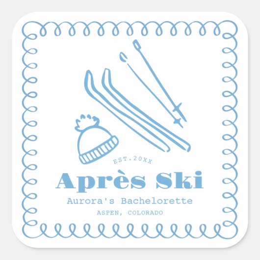 Blauwe handgetekende winteraprès ski bachelorette vierkante sticker (Voorkant)