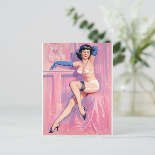 Blauwe handschoenen Pinup Briefkaart (Staand voorkant)