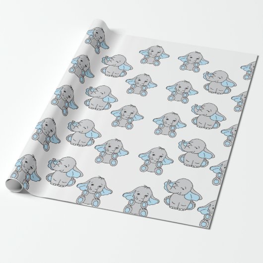 Blauwe handtekening Elephant Pattern Cartoon Cadeaupapier (Uitgerold)