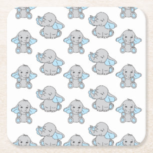 Blauwe handtekening Elephant Pattern Cartoon Kartonnen Onderzetters