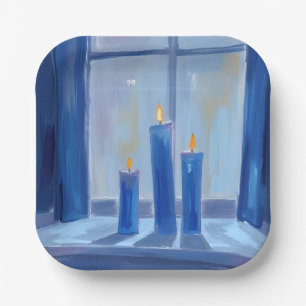 Blauwe Hanukka Kaarsen Aquarel Papieren Bordje