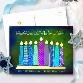 Blauwe Hanukka Kaarsen Vrede Liefde Licht Echt Gou Folie Feestdagen Briefkaart