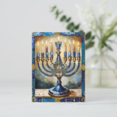 Blauwe Hanukka Menora Briefkaart (Staand voorkant)