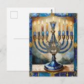 Blauwe Hanukka Menora Briefkaart (Voorkant / Achterkant)