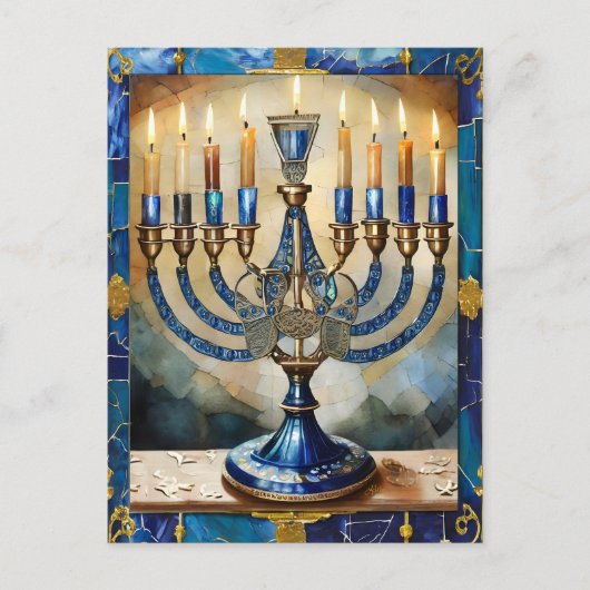 Blauwe Hanukka Menora Briefkaart (Voorkant)