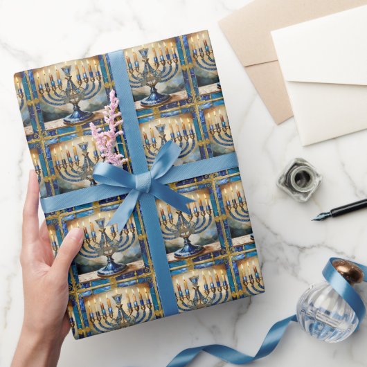Blauwe Hanukka Menora Cadeaupapier (Geschenken)