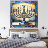 Blauwe Hanukka Menora Canvas Afdruk (Insitu (Slaapkamer))
