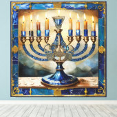 Blauwe Hanukka Menora Canvas Afdruk (Insitu (Houten vloer))