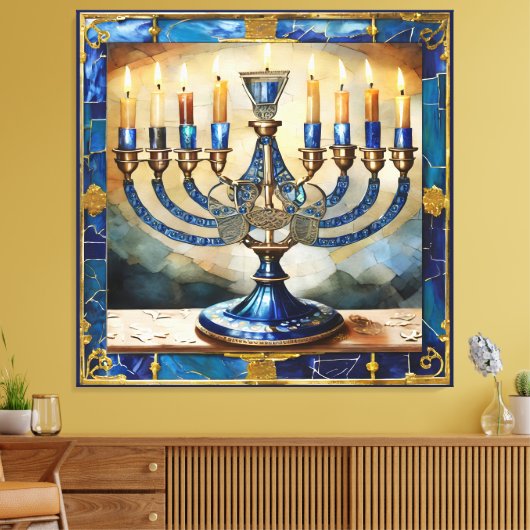 Blauwe Hanukka Menora Canvas Afdruk (Insitu (Woonkamer))