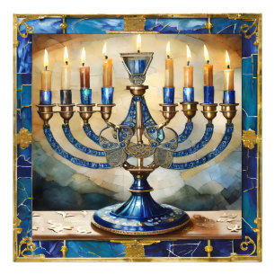 Blauwe Hanukka Menora Foto Afdruk
